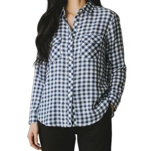 C&C California Navy Blue White Crinkle Gingham Two Pocket Shirt Women's Size XS
